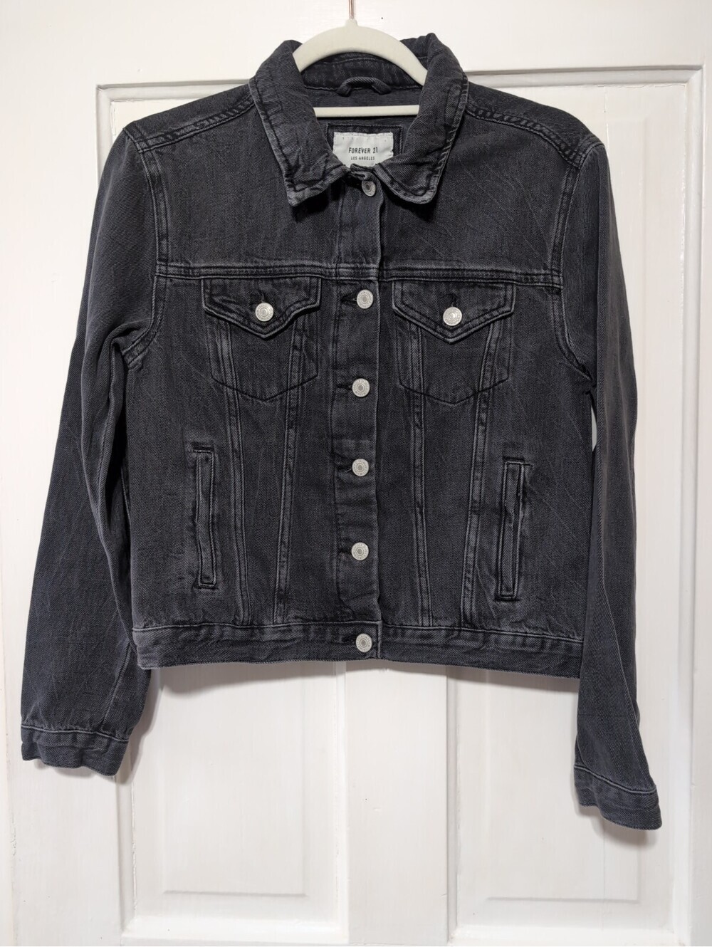 Forever 21 Faded Black Denim Jean Jacket Y2K Preppy Gorpcore Grunge Woman's S(C)